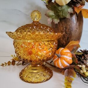 Fenton LG Wright Amber Glass Daisey & Button Lidded Footed Candy Dish